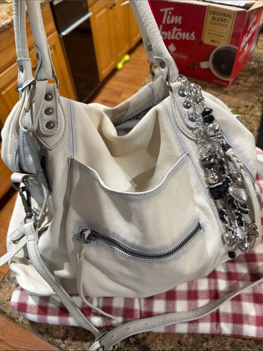 Free People Cream Leather Shoulder Hobo with Silver Chain Accents